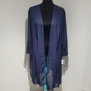 Le Bos Women's Sheer Pleated Lace Trim Duster 20W Navy Blue Formal Wedding NEW